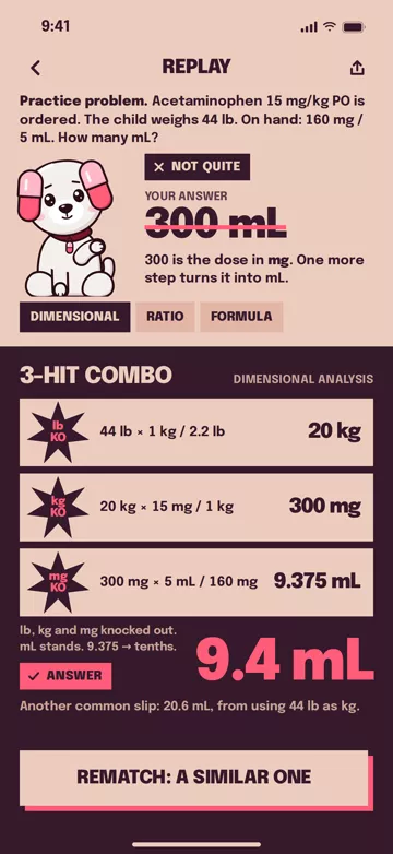 Pharm Pup app screen: The replay: lb, kg and mg knocked out until mL stands