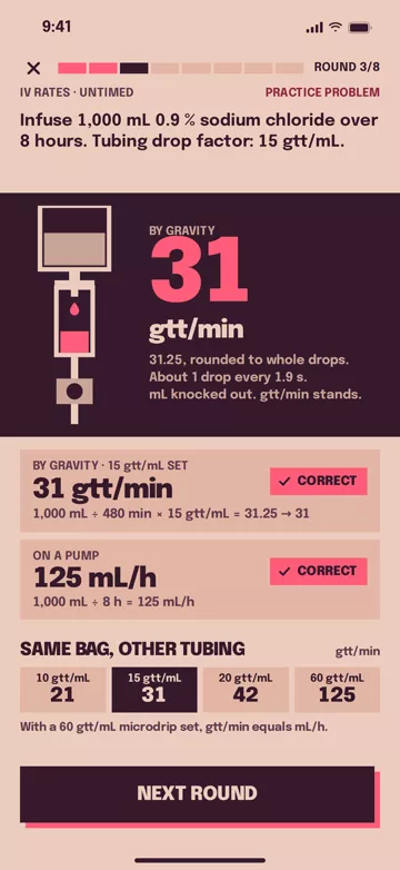 Pharm Pup app screen: An IV drip round: 31 gtt/min by gravity, 125 mL/h on a pump