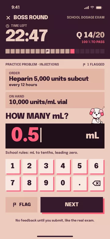 Pharm Pup app screen: A timed mock round in your school format
